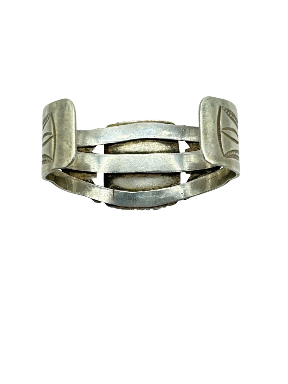 Vintage 1940s Navajo Fred Harvey Era Heavy Sterling Silver Petrified Wood Cuff - Picture 3 of 10
